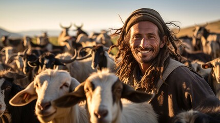 Cheerful goat herder with playful herd smiles with fulfillment goats graze and frolic