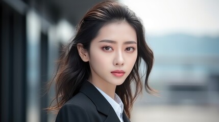 Fototapeta premium Professional Woman with Intense Gaze. Businesswoman with a piercing gaze, styled in professional attire.