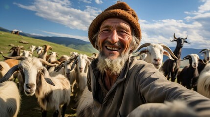 With playful herd goat herder smiles with fulfillment as goats graze and frolic