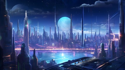 3d illustration of a futuristic city at night with neon lights.