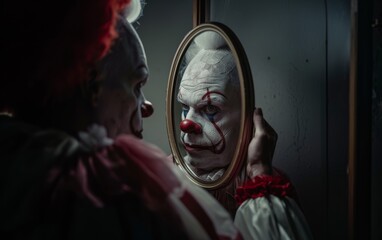 In a brooding and eerie atmosphere, a melancholic clown gazes into the mirror, capturing the haunting reflection of his somber soul. Dark and cryptic, this image evokes a sense of introspective gloom.