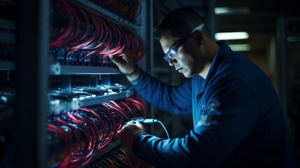 Obraz premium Dedicated fiber optic technician with optical cables