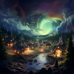 Poster Fantasy landscape with wooden houses in the forest and aurora borealis © Michelle