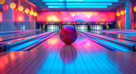 Vibrant bowling alley with a red and blue swirling bowling ball, illuminated lanes, and colorful backdrop.