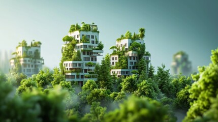 Eco-Architecture Amongst the Trees. Eco-conscious buildings rise amidst a dense forest, blending with nature.