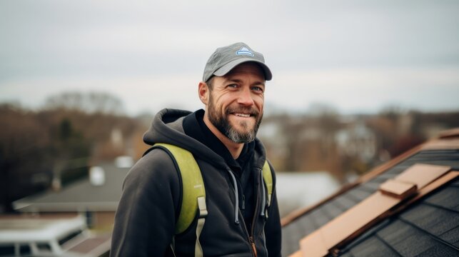 Roofer on rooftop shingles proud of roofing work