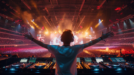 A professional DJ performing in a massive stadium - obrazy, fototapety, plakaty