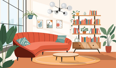 Living room interior. Comfortable sofa, window,  bookcase and house plants. Vector flat cartoon illustration