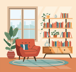Living room interior. Comfortable chair, window,  bookcase and house plants. Vector flat cartoon illustration