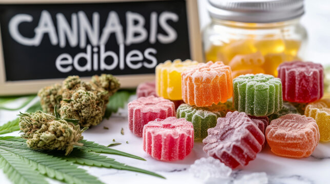 Cannabis Gummies and Buds Display.
Assorted cannabis edibles and buds on display with label.
