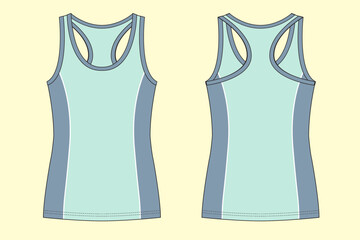 Ladies & Teen Girls Activewear Tank Top Vest Fashion Flat Sketch – Front and Back View.