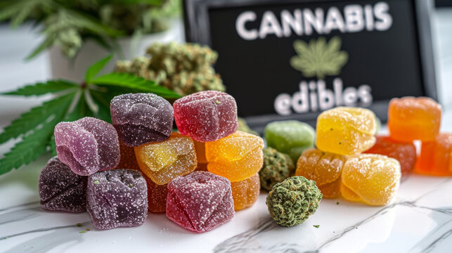 Cannabis Gummies and Buds Display.
Assorted cannabis edibles and buds on display with label.