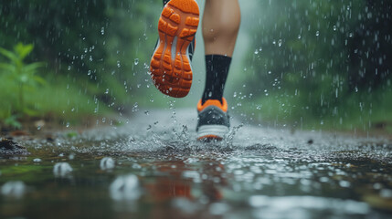 Close up of athlete feet trail running in rainy day