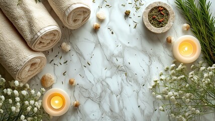 Fototapeta na wymiar Serene Spa Concept with Herbal Pouches on Marble