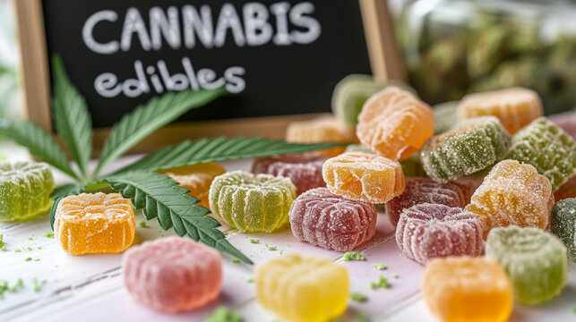 Collection of Cannabis-Infused Edibles.
Various cannabis-infused edibles and buds with a labeled chalkboard.