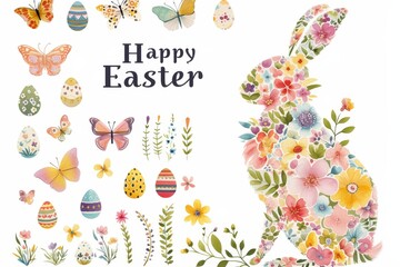 Happy Easter text Celebration Set. Floral Easter Bunny Silhouette with Butterflies, on white background - obrazy, fototapety, plakaty