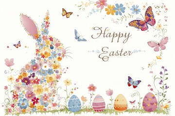 HappyEaster Holiday Card. Colourful floral Easter Bunny silhouette on white background. 