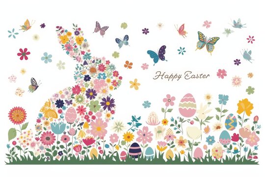 Colorful floral Easter Bunny silhouette on white background.  Happy Easter Holiday Card