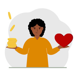 Money and a red heart in the hands of a woman. Imbalance in lifestyle and work. Comparison of business stress and a healthy lifestyle. Balance of work and life.