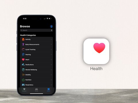 Health app is displayed on an iPhone, Apple Health logo next to it, fitness and health tracking, medication, activity, measurement, Apple Watch, training