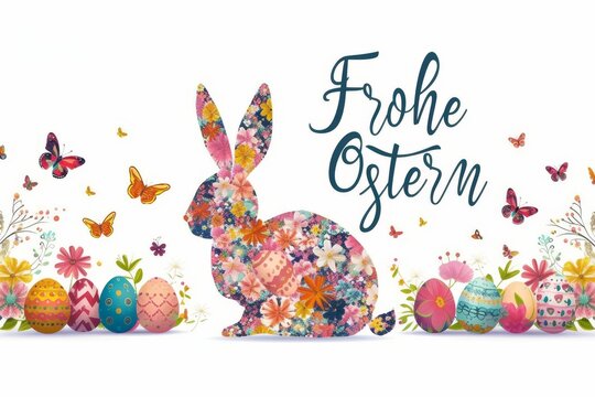 Happy Easter text in german Colorful floral Easter Bunny silhouette on white background.  Happy Easter Holiday Card.
