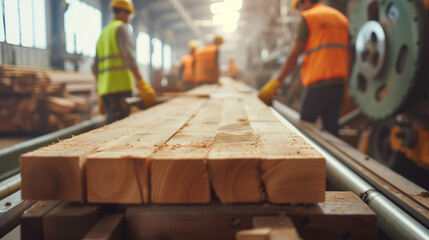 workers in safety vests handling a wooden plank on a sawmill conveyor belt 