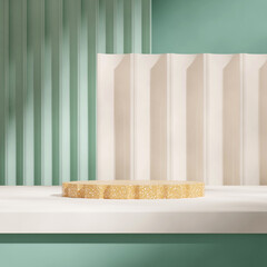 scene mockup yellow terrazzo pattern podium in square mint green and beige wall, 3d render
