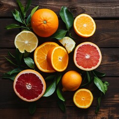 Citrus Fruits on Vintage Wood Table Top View
