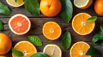 Citrus Fruits on Vintage Wood Table Top View