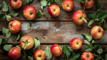 Naklejka na ściany i meble Apples with Green Leaves on Vintage Wood