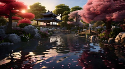Japanese garden with cherry blossom at sunset, panoramic view