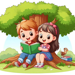 kids read a book near tree in cartoon style