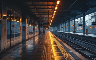 Serene, misty morning at a quiet train station, illuminated by soft lights reflecting on the wet platform.