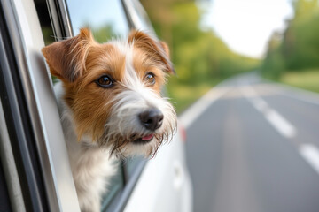 Head of happy lap dog looking out of car window enjoying road trip on sunny summer day