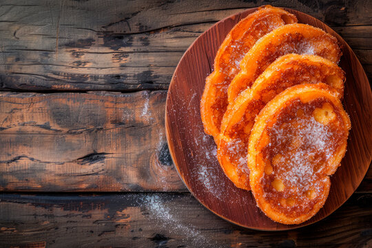 Traditional spanish torrijas for holy week. Top view. Copy space
