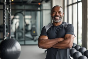 Fototapeta na wymiar Smiling senior man in a fitness center