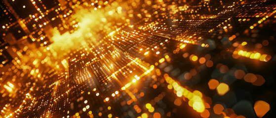 Fototapeta premium Golden digital wave with sparkling light particles. 