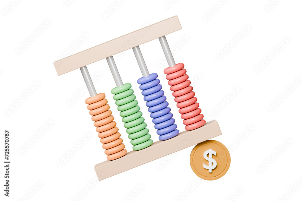 Poster 3d abacus with coin icon minimal cute smooth isolated on pink pastel background, arithmetic game lea