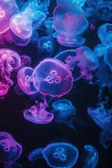 A large group of jellyfish swimming in a dark waters of the ocean. Generative AI