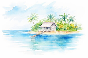 A picturesque island getaway with clear blue waters and lush greenery , cartoon drawing, water color style