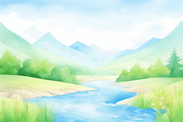 A relaxing view of a crystal-clear river running through a serene green valley , cartoon drawing, water color style