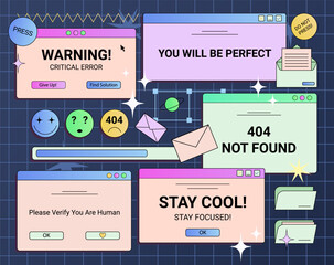 Y2K pc screens, windows, retro technology dialog messages, warnings, templates, signs and symbols. Vector illustration.