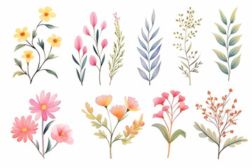 A set of illustrations of wild plants in bloom, drawn in a vintage style , cartoon drawing, water color style