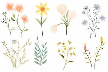 A set of illustrations of wild plants in bloom, drawn in a vintage style , cartoon drawing, water color style