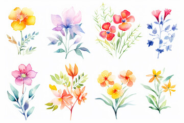 Obraz na płótnie Canvas A set of vibrant, watercolor flower illustrations, ready to bring joy to any space , cartoon drawing, water color style