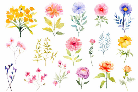 A set of vibrant, watercolor flower illustrations, ready to bring joy to any space , cartoon drawing, water color style