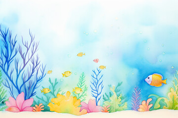 A stunning ocean floor vista featuring tropical fish and colorful coral reefs , cartoon drawing, water color style