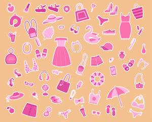 A set of stickers of fashion items and accessories for girls in pink.