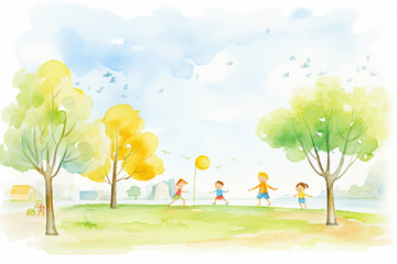 A sunny day at the park with children playing and trees in the background , cartoon drawing, water color style