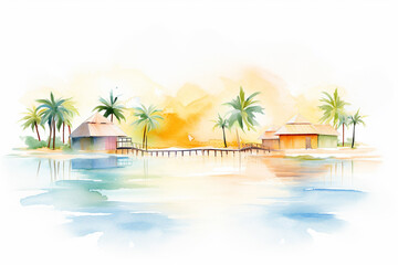 Fototapeta na wymiar A sunrise-view of a beach resort with huts and coconut trees in watercolor style , cartoon drawing, water color style